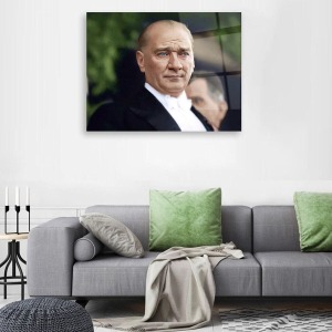 Renkli Mustafa Kemal Atatürk Portresi Cam Tablo, Darbelere Dayanıklı Kırılmaz Temperli