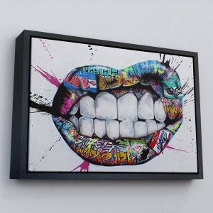 Çerçeveli Renkli Dudak Graffiti Kanvas Tablo, Banksy Sokak Sanatı-5413