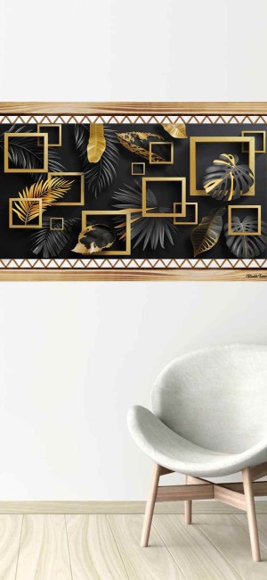 SİYAH GOLD KARELER YAPRAKLAR RUSTİK  TABLO