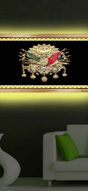 SİYAH GOLD İOSMANLI AMBLEMİ RUSTİK LEDLİ TABLO