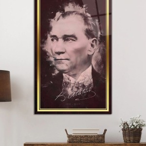 Gold Şeritli İmzalı Atatürk Portresi Cam Tablo, Darbelere Dayanıklı Kırılmaz Temperli