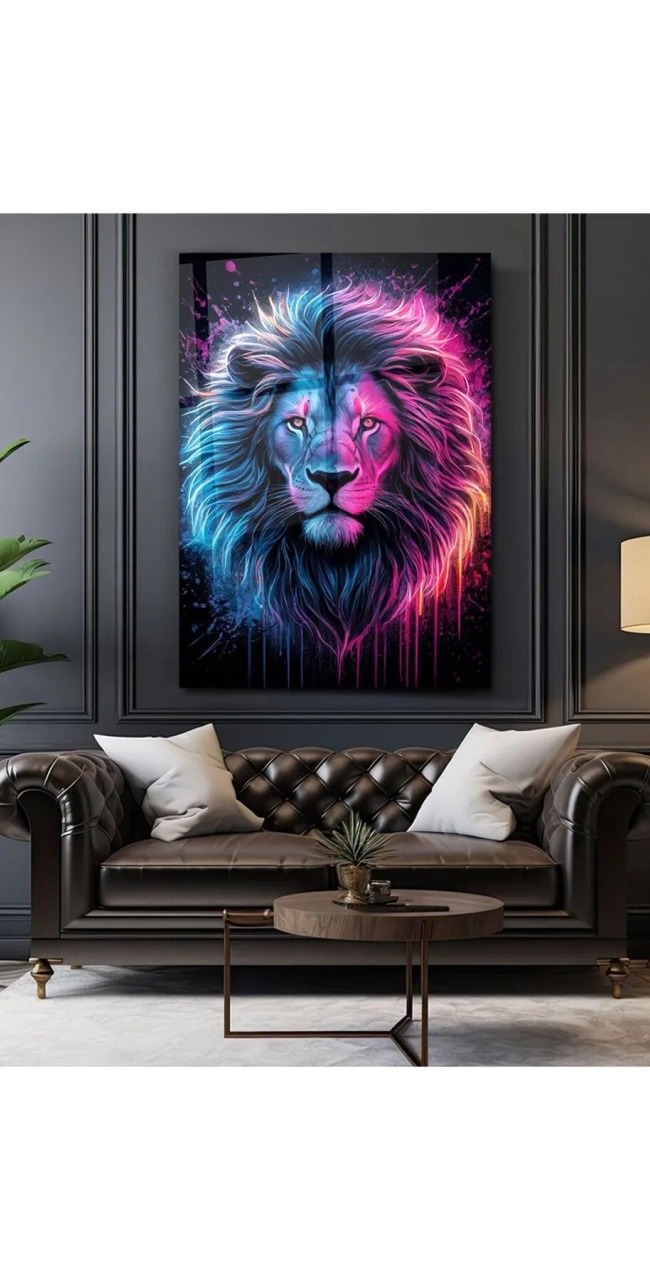 Cam Tablo Neon Kürklü Aslan - Duvar Dekorasyonu - Ev Dekorasyonu - Ofis Dekorasyonu DK