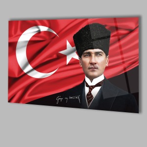 Atatürk Portre ve Türk Bayrağı Yatay Cam Tablo, Modern Duvar Dekoru , Kurum Ofis İş Hediyelik Tablo