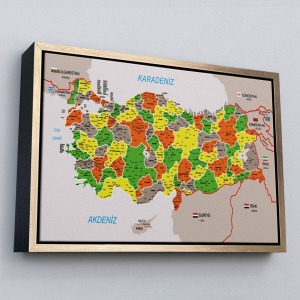 Çerçeveli Türkiye Haritası Kanvas Tablo İl Ve İlçeli Ayrıntılı Eğitici Komşulu Tablo-2999