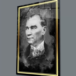 Şerit Atatürk Portresi Siyah Beyaz Cam Tablo, Uv Baskılı Ve Temperli, Hediyelik