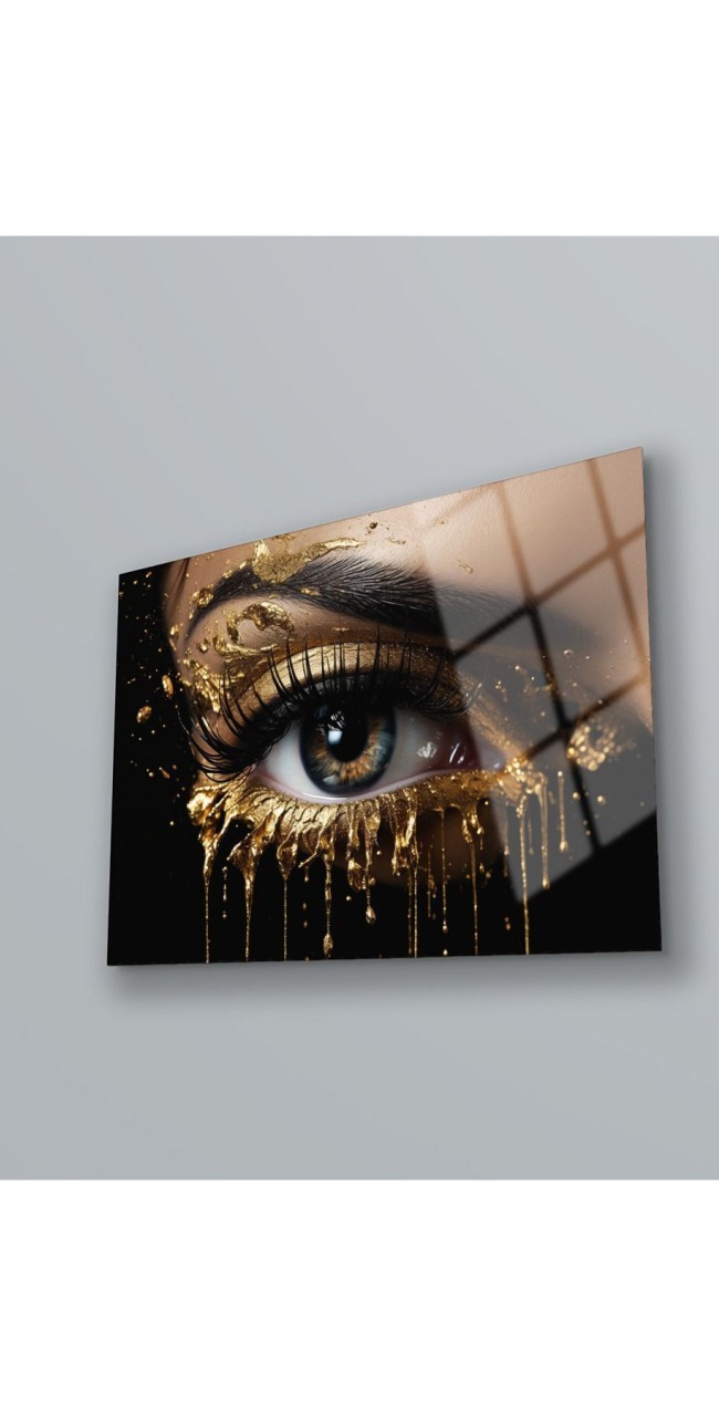 Gold Göz Modern Tablo , Temperli Cam Üzeri Baskı , Güzellik Salonu Duvar Tablosu , Ofis Duvar Dekoru