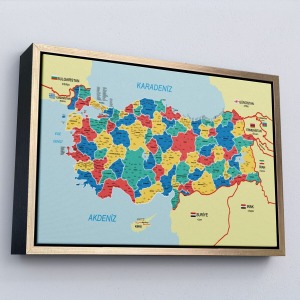 Çerçeveli Türkiye Haritası Kanvas Tablo İl Ve İlçeli Ayrıntılı Eğitici Komşulu Tablo-3019