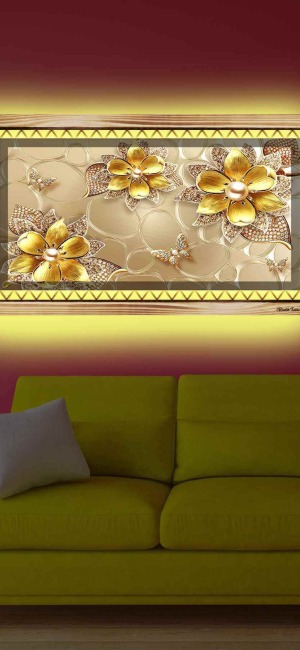 GOLD ÇİÇELER RUSTİK LEDLİ TABLO