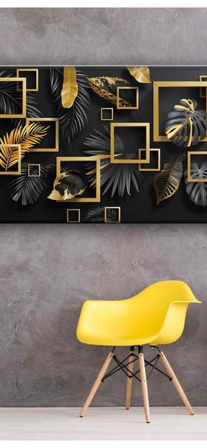 SİYAH GOLD KARELER YAPRAKLAR KANVAS TABLO