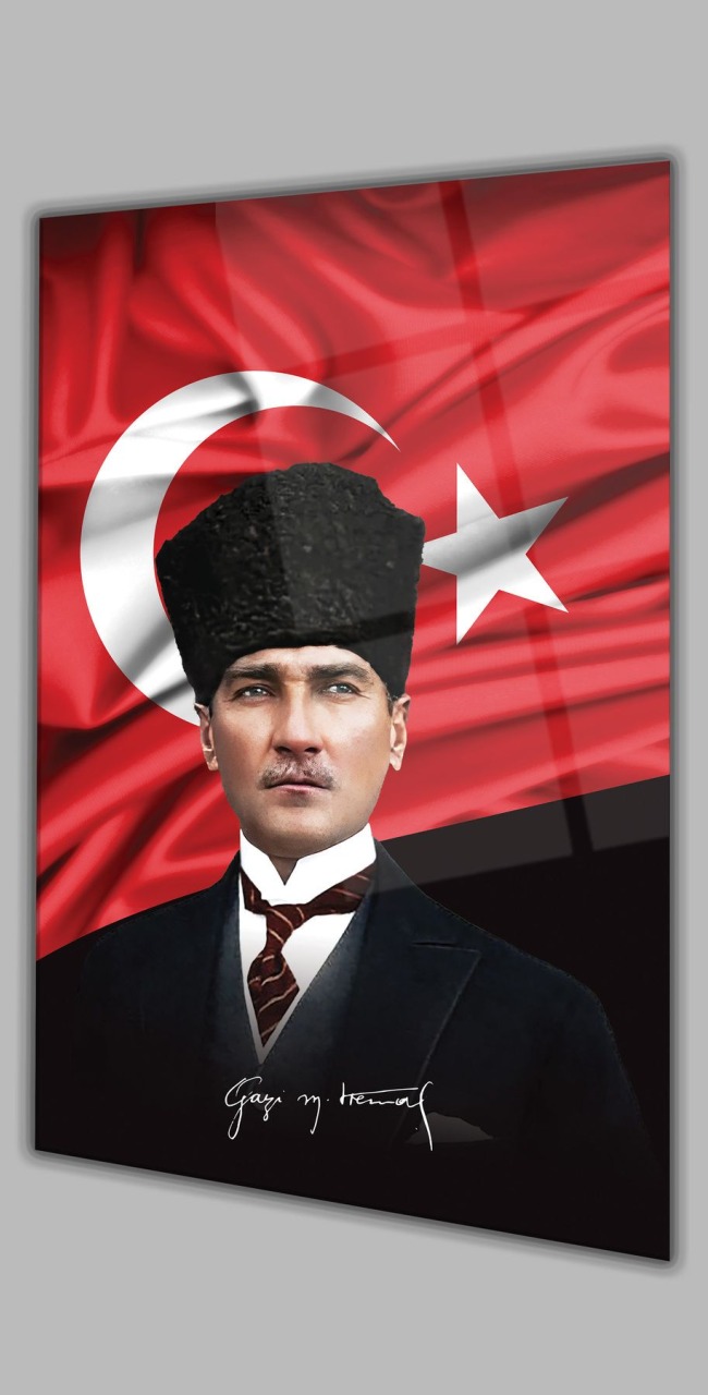 Atatürk Portre ve Türk Bayrağı Dikey Cam Tablo, Modern Duvar Dekoru , Kurum Ofis İş Hediyelik Tablo