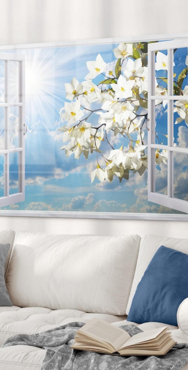 Pencere Ve Beyaz Çiçekler | Manzara Temalı Cam Tablo | 50x70 Cm