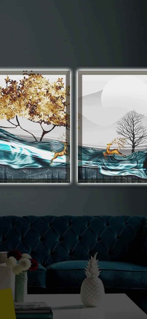 EN MODA GEYİKLİ SANATSAL İKİLİ LED IŞIKLI TABLO