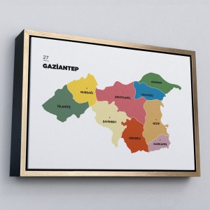 Çerçeveli Gaziantep İli Ve İlçeler Haritası Dekoratif Kanvas Tablo-1343