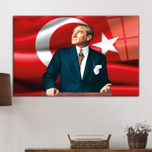 Mustafa Kemal Atatürk Türk Bayrağı Cam Tablo, Darbelere Dayanıklı Kırılmaz Temperli