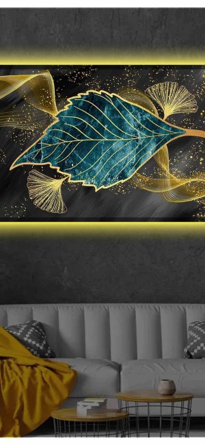 MODERN DEKORAİF IŞILTILI YAPRAK LEDLİ KANVAS TABLO