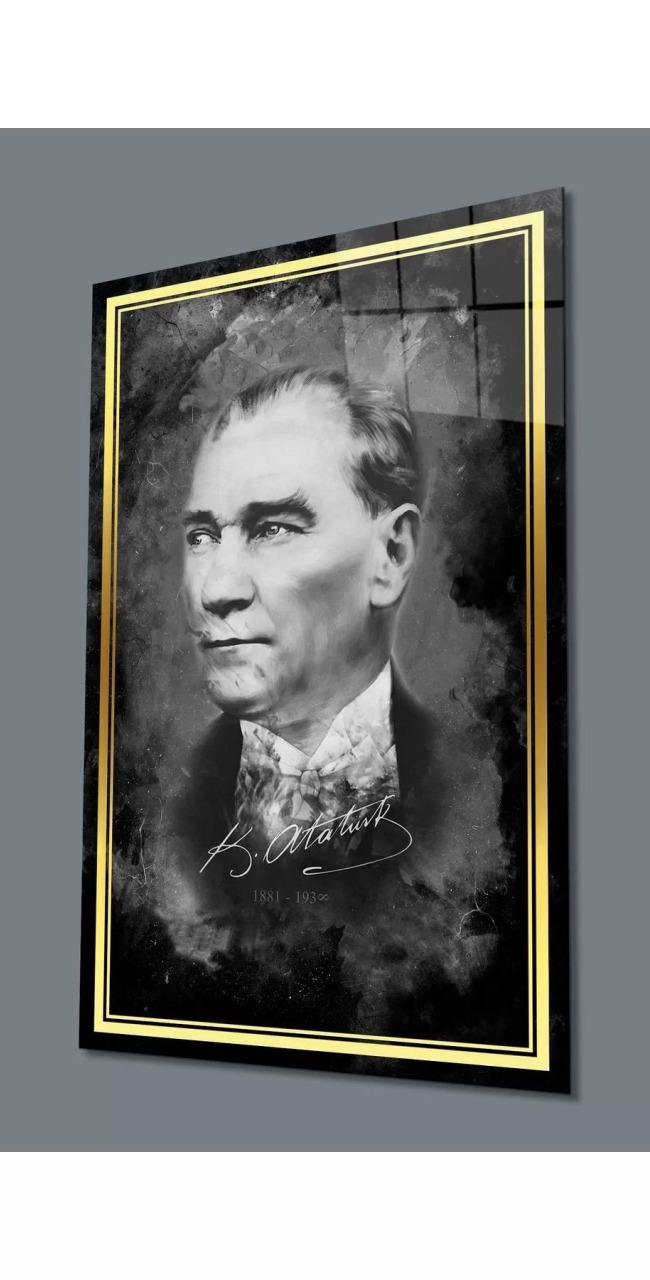 Şerit Atatürk Portresi Siyah Beyaz Cam Tablo, Uv Baskılı Ve Temperli, Hediyelik