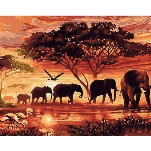  Savan Ağacı Ve Filler Afrika Sayılarla Boyama Seti  Kasnaklı  40 x 50