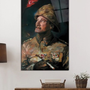 Yapay Zeka Üniformalı Mustafa Kemal Atatürk Portresi Cam Tablo, Temperli Dayanıklı Kırılmaz Cam