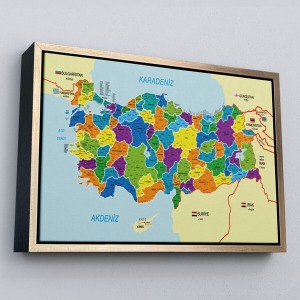 Çerçeveli Türkiye Haritası Kanvas Tablo İl Ve İlçeli Ayrıntılı Eğitici Komşulu Tablo-3004