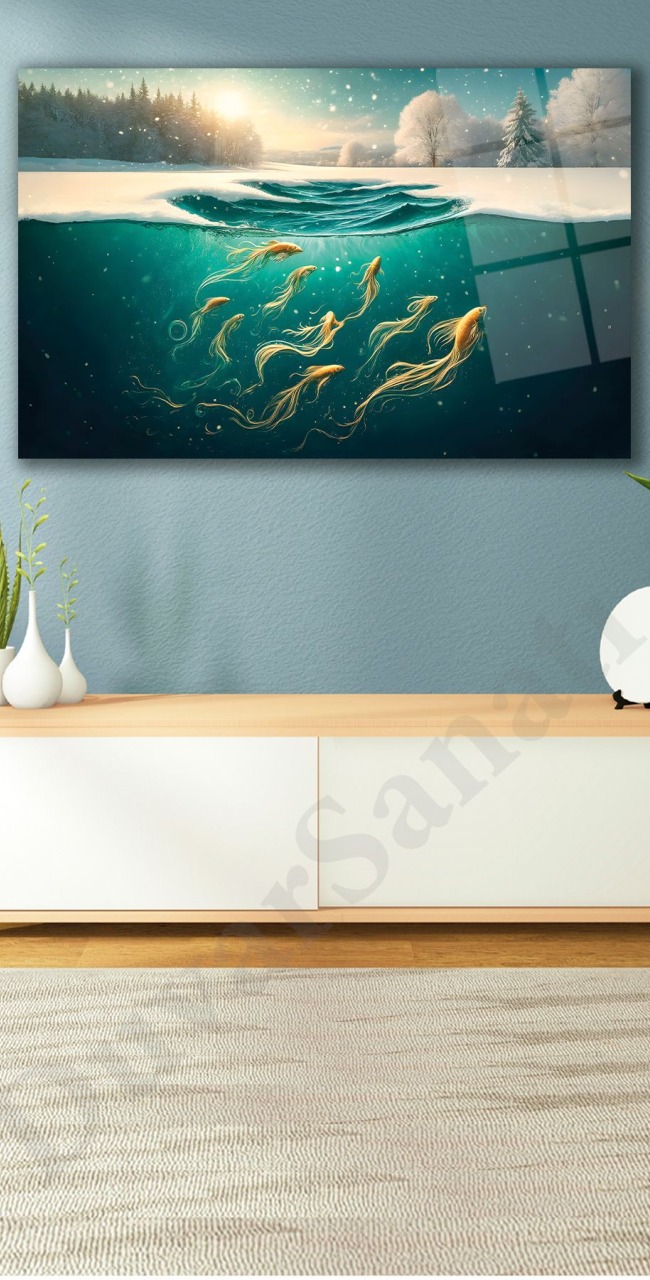 Soyut Gold Balıklar Cam Tablo, Modern Ev Ofis Salon Duvar Dekoru, Hediyelik Tablo Dekor
