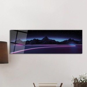 Retrowave Synthwave Dağlar Panorama Cam Tablo, Darbelere Dayanıklı Kırılmaz Temperli
