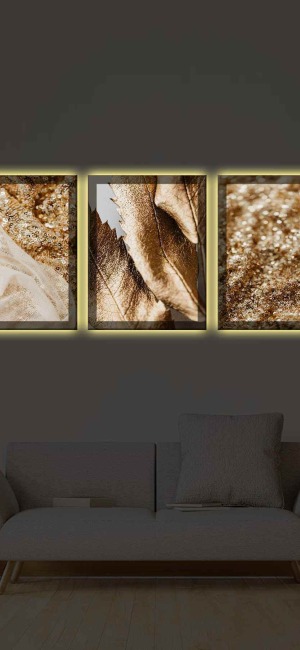 GOLD KRİSTAİZE SET3LÜ LED IŞIKLI KANVAS TABLO